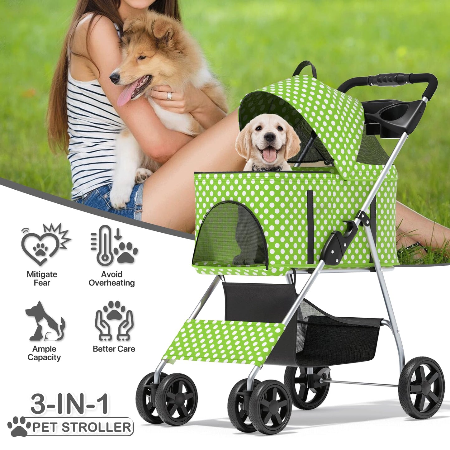 MoNiBloom 3 in 1 Foldable Pet Stroller for Small & Medium Dogs, Detachable Carrier, Car Seat, Push Button Entry, 4-Wheel Jogger for Pets up to 33 lbs, Lawn Green Polka Dots