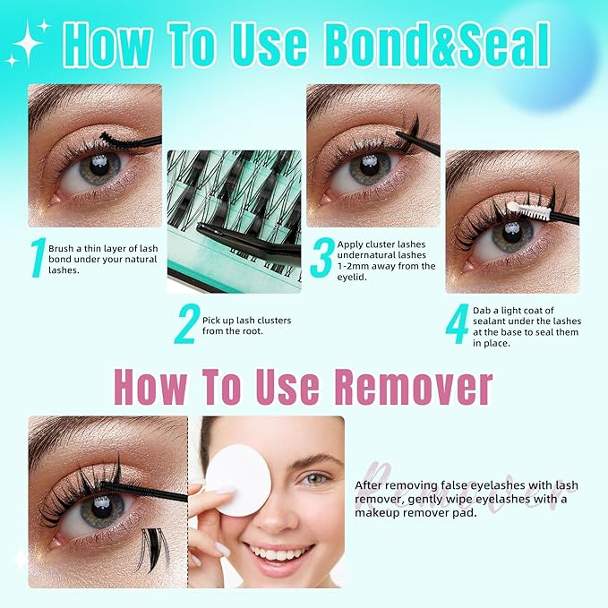 Manga Lash Clusters Kit 144PCS Fairy Eyelash Extension Kit with Lash Bond and Seal, Fake Eyelashes Clusters with Invisible Lash Band, Lash Glue Remover and Lash Applicators (8-18mm Kit,Black Bond)