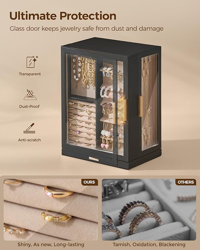 Glimmloop 360ÃÂ° Rotating Jewelry Box with 7 Drawers, Spacious Vertical Jewelry Organizer with Glass Window, Jewelry Storage Case, Dustproof & Moisture-resistant Design, Black