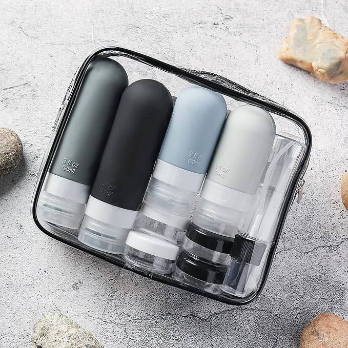 Travel Bottles Kit (16 Pack) - TSA Approved, Leak Proof Silicone Squeezable Containers for Toiletries. Complete Set with Jars, Sprayers & Bag (Black)
