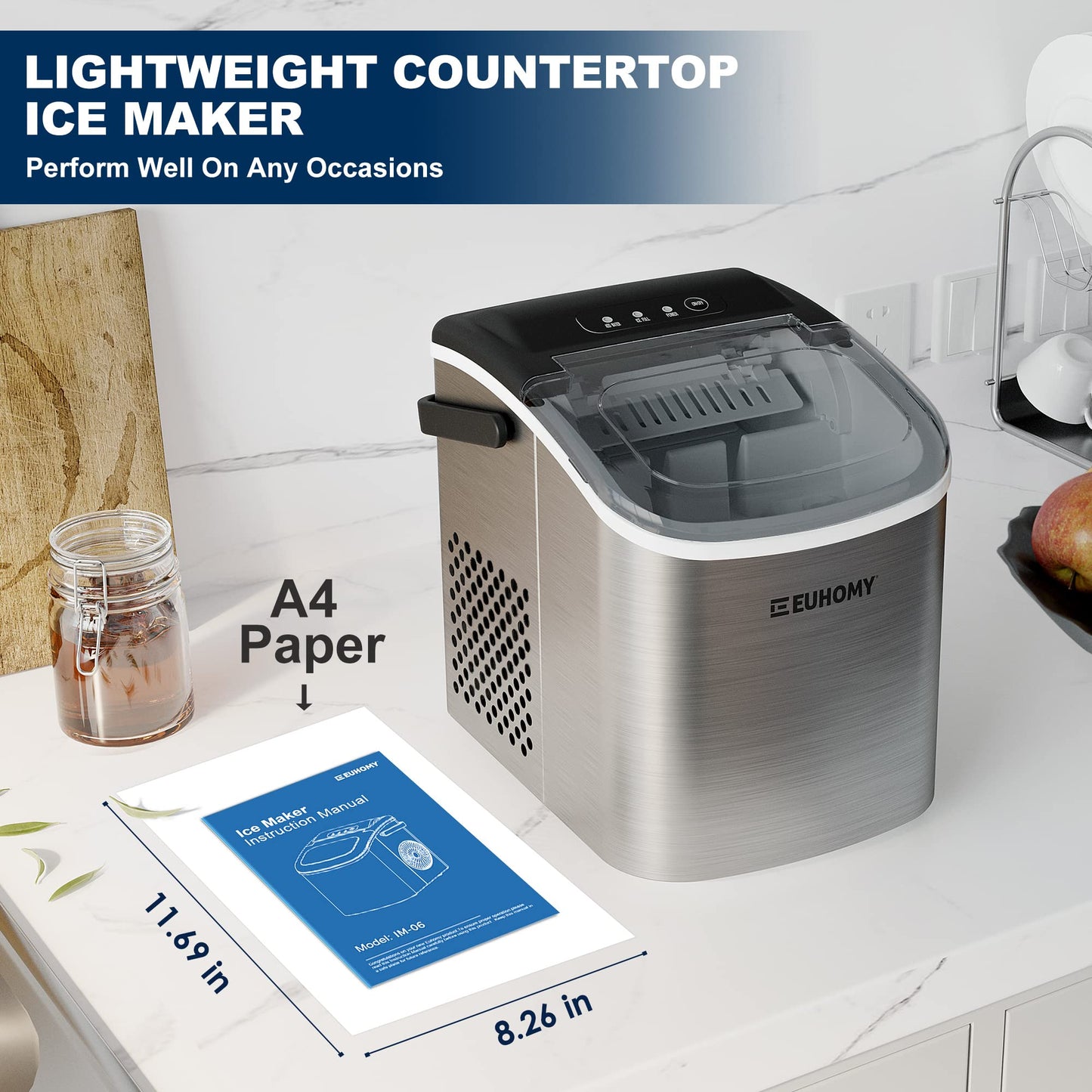 EUHOMY Ice Maker Machine Countertop with Handle, 26lbs/24H, 9 Bullet Ice Cubes Ready in 6 Mins, Auto-Cleaning, Portable Ice Maker with Basket and Scoop, for Home/Kitchen/Camping/RV. (Silver)