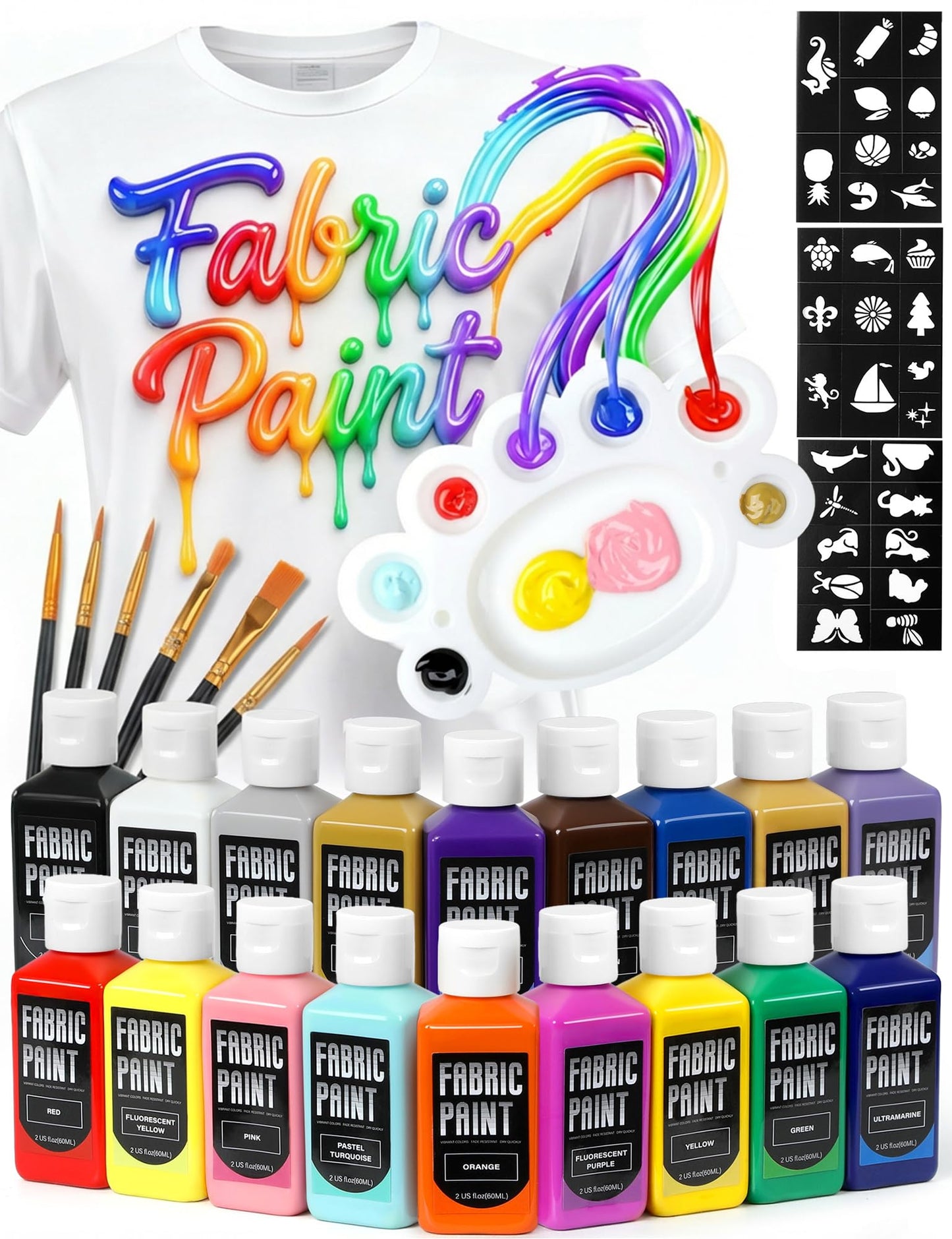 TMOL Fabric Paint Set - Permanent & Washer Safe, 18 Vibrant Colors, in Bottles (60ml/2oz), Non-Toxic Certified Fabric Paint with Brushes & Stencils, Textile Paint for Clothes, DIY Projects & Art