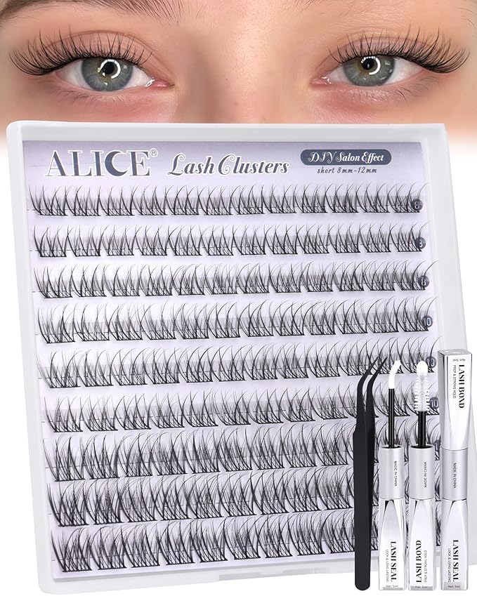 ALICE Short Lash Clusters Kit Natural Wispy Eyelash Clusters Kit 8-12mm Thin Band Cluster Eyelash Extension Kit for No Makeup Makeup Cleangirl Aesthetic