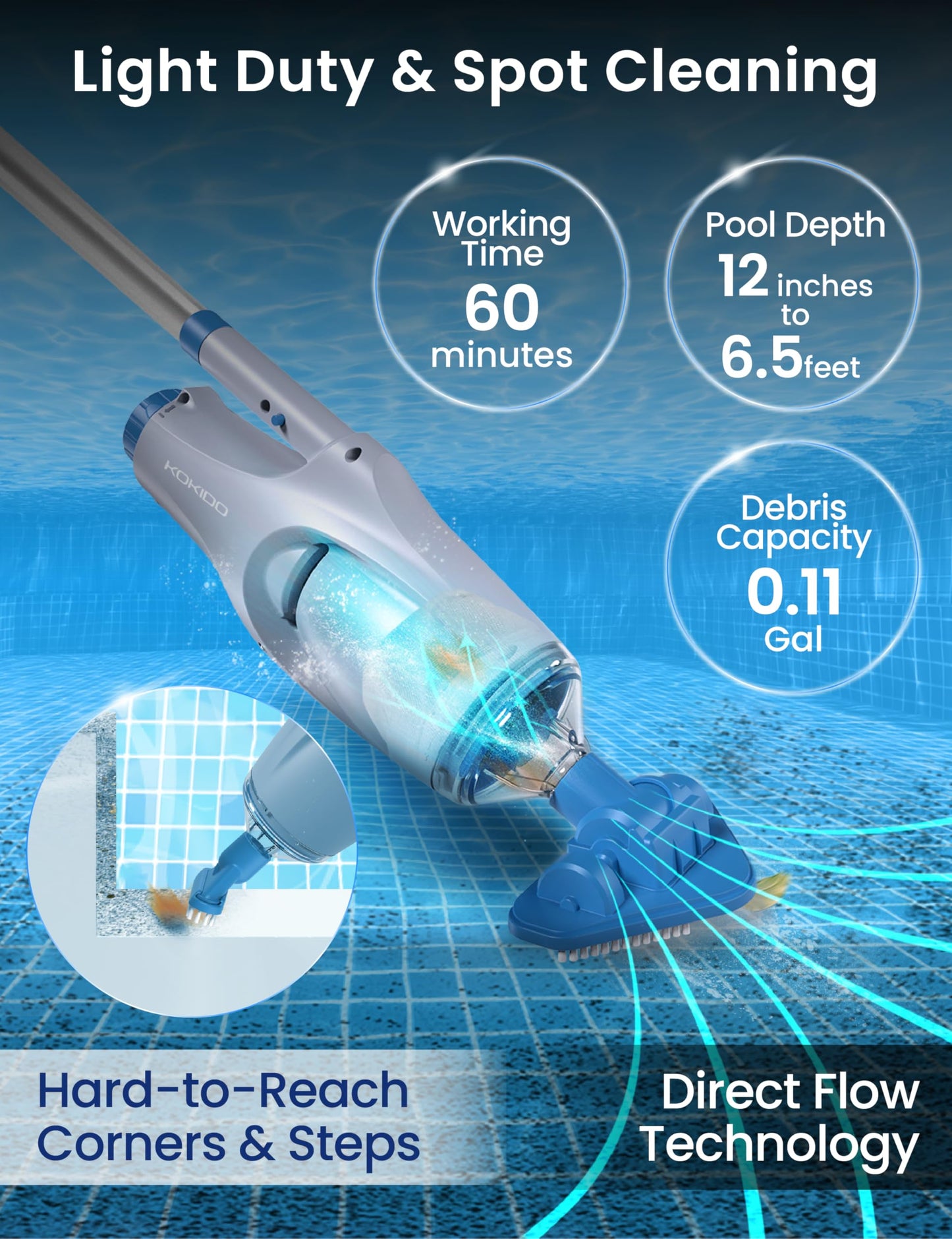 KOKIDO Cordless Handheld Pool Vacuum for Above Ground Pool, with 6ft Pole and 2 Vac Brush Heads, Ideal for Spot Clean Inground Pool Spa Hot Tub up to 20ft, Rechargeable, 60min, Sand and Debris XV110