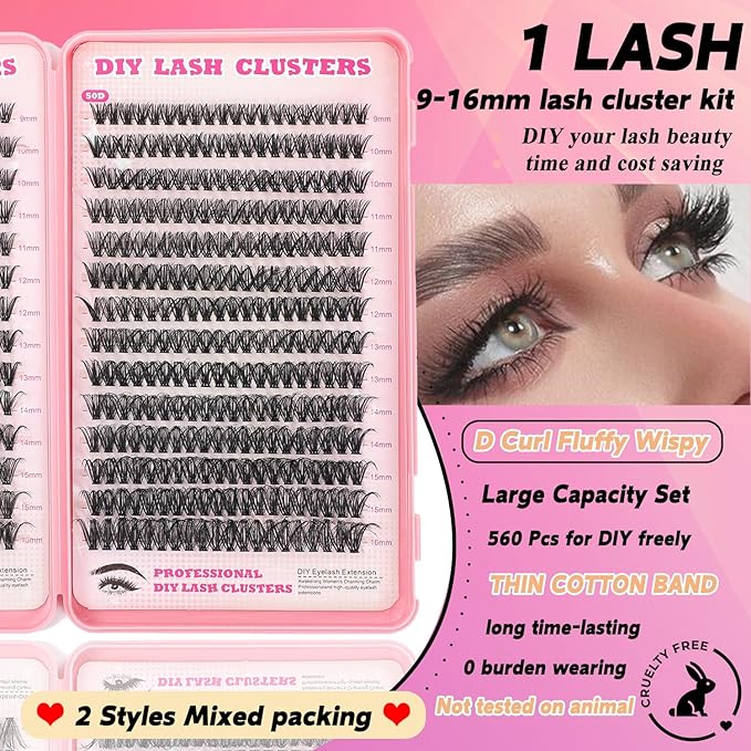 Lash Clusters Kit, 560 Pcs Eyelashes Clusters Kit 9-16mm Individual Lash Extension Kit D Curl Fluffy Wispy False Eyelashes (40D+50D Lash, Lash Clusters)