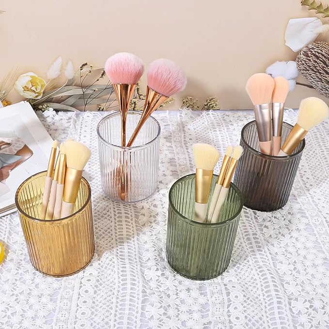 DASITON Makeup Brush Holder Organizer, Acrylic Makeup Brush Cup, Vintage Striped Make Up Brush Holder for Vanity, Bathroom Countertop, Toothbrush Holders, Pen Holder for Desk Storage (Yellow)