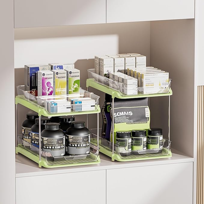 Delamu 2-Tier Multi-Purpose Bathroom Under Sink Organizers and Storage, Stackable Kitchen Pantry Organization, Pull Out Medicine Cabinet Organizer with Movable Dividers, Green, 2 Pack