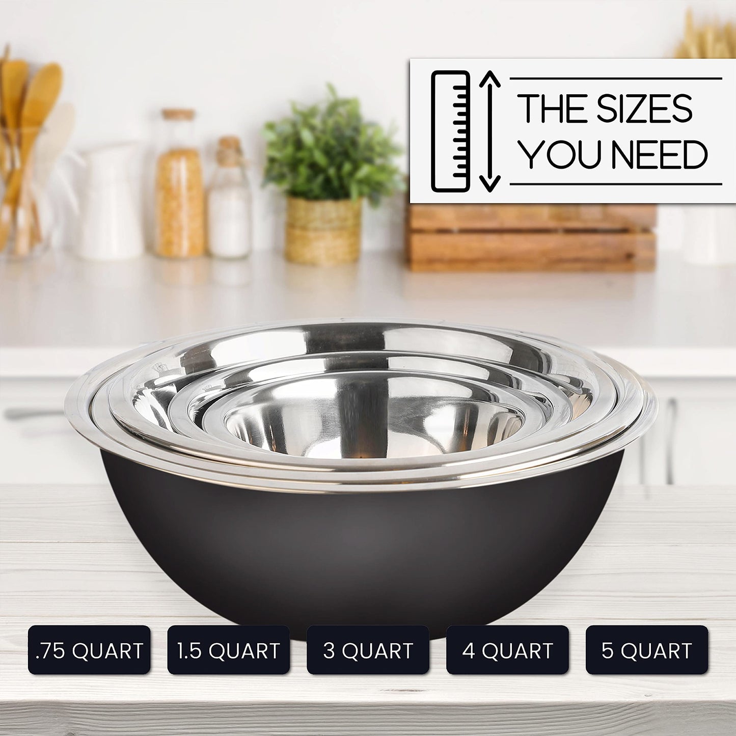 WHYSKO Meal Prep Stainless Steel Mixing Bowls Set, Home, Refrigerator, and Kitchen Food Storage Organizers | Ecofriendly, Reusable, Heavy Duty (Black)