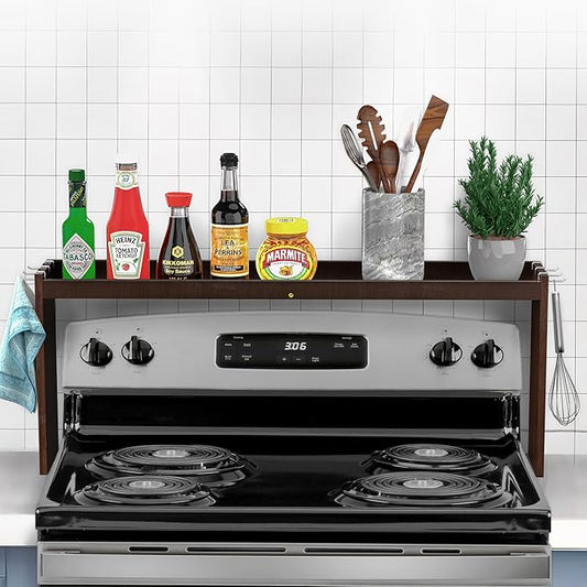 IIIOIIIA Bamboo Over the Stove Spice Rack Organizer Shelf for Kitchen, 31.5" with 6 Hooks, 11.4" Height Extra Storage Countertop, Easy to Assemble, Walnut