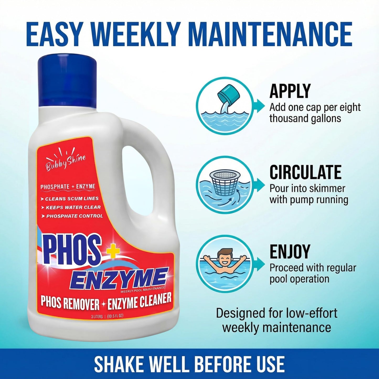 Pool Phosphate Remover and Pool Clarifier Enzyme, Weekly Pool Treatment, Saltwater Safe Pool Chemicals for Inground & Above Ground Pools, 3 Liter – BubbyShine