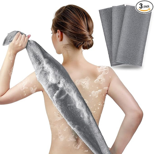 ARCH&M Exfoliating Washcloth Body Scrubber - 3 Pack Japanese Korean Spa Style Bath Towel for Dead Skin Removal, Extra Long 35” Back Scrubber with Premium Nylon Mesh for Smooth Glowing Skin (Gray x 3)