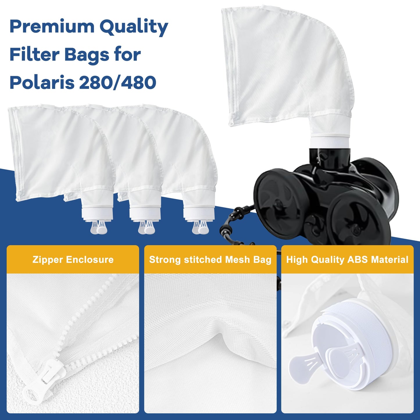 TaShow Pool Cleaner Bags, 4 Pack Pool Sweep Bag, Nylon Mesh Pool Vacuum Bag Replacement, All Purpose Bag with Zipper Enclosure, Pool Spa Part Fits Polaris 280, 480, Durable Filter Bag for K13, K16