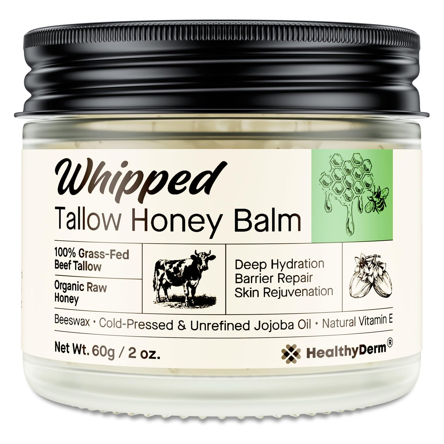 Beef Tallow Honey Balm for Skin: 100% Grass Fed Whipped Organic Moisturizer with Organic Raw Honey, Jojoba Oil, Vitamin E â Natural Face and Body Care for Mature, Dry or Sensitive Skin, 2oz
