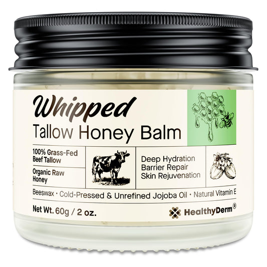 Beef Tallow Honey Balm for Skin: 100% Grass Fed Whipped Organic Moisturizer with Organic Raw Honey, Jojoba Oil, Vitamin E â Natural Face and Body Care for Mature, Dry or Sensitive Skin, 2oz