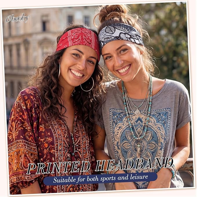 obeoby Sweat-Absorbing Hair Bands, 8 Pack Boho Headbands for Short or Long Hair - Stretchy Great for Yoga, Running, Workout,Hiking Gifts for Women