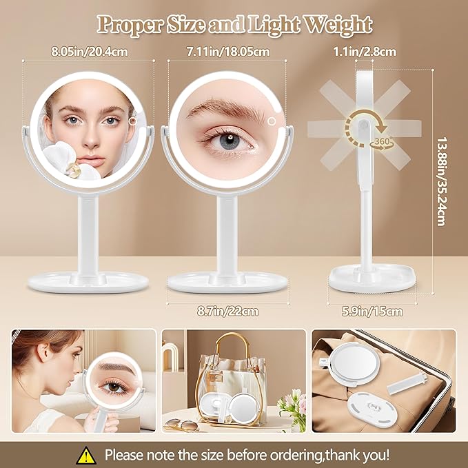 MOMOKUBA Makeup Mirror with Lights, Double Sided 1x/30x Magnifying Mirror with Light, Rechargeable 3 Color Lights and Adjustable Brightness, 360ÃÂ° Rotation Detachable Comes with Tweezer(White-30X)
