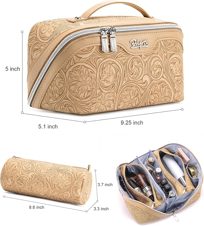 BOYATU Travel Makeup Bags Cosmetic Organizer Bag: 3 Pcs Set Large Capacity Floral Make up Bag with Compartments - Waterproof Leather Toiletry Bags with Handle for Women (17-Apricot)