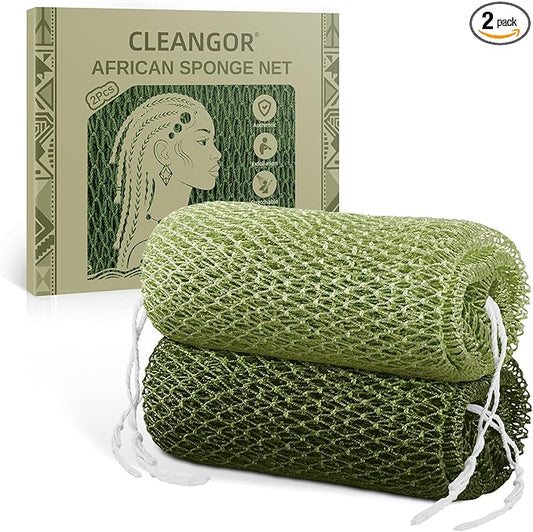 Cleangor 2Pcs African Net Sponge Authentic with Knots - Exfoliating Body Scrubber for All Skin Types, African Bath Sponge, Wash Cloth, Gentle Exfoliation Shower Rag for Women Daily Use