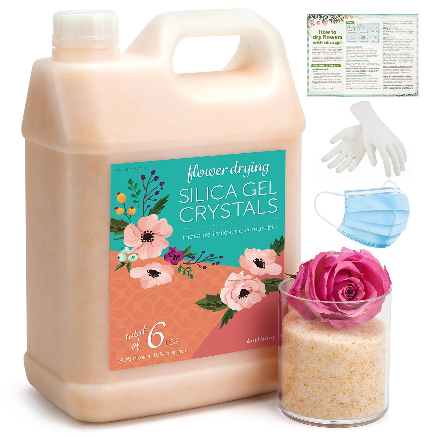 LotFancy Silica Gel Flower Drying, 6 LBS Color Indicating Silica Crystals for Wedding Bouquet Preservation DIY Crafts, Reusable