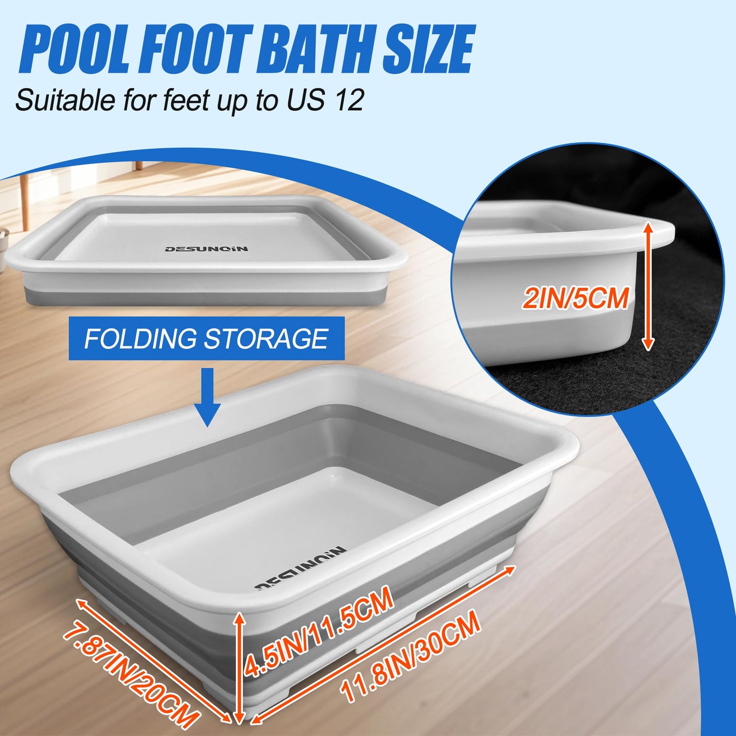 Desunqin 11.8" x 7.87" x 4.5" Pool Foot Bath Tray for Swimming Pool, Non- Slip Collapsible Foot Bath for Pool, Portable Foot Tub for Pool for Above Ground Pool Accessories, Rinse Feet Keep Pool Clean