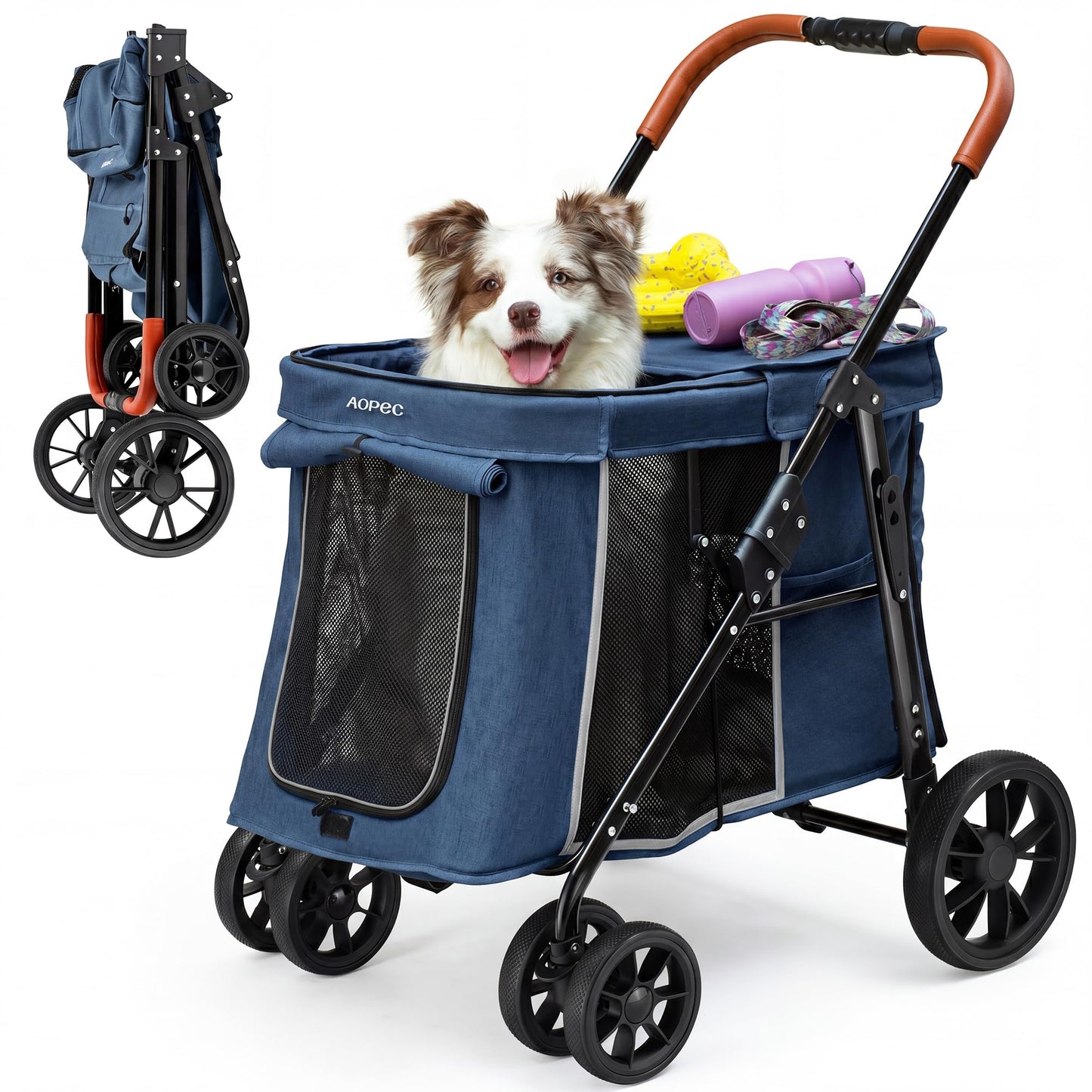 AOPEC Medium Dog Stroller, Dual Entry One-Touch Folding,Small and Medium Pet Stroller,360° Rotating Front Wheels,70 lbs Weight Capacity for Outdoor Travel and Elderly Dogs - Blue