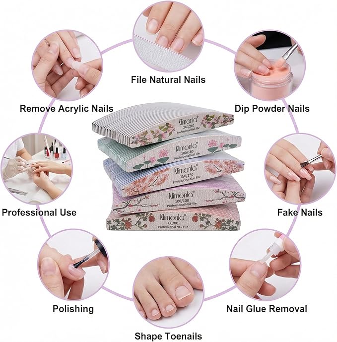 25PCS Floral Professional Nail Files 80/100/150/180/240 Grit, Emery Boards Nail Files for Natural Nails and Acrylic Nails, Double Sided Emory Boards limas para unas acrilicas Reusable Manicure Tools