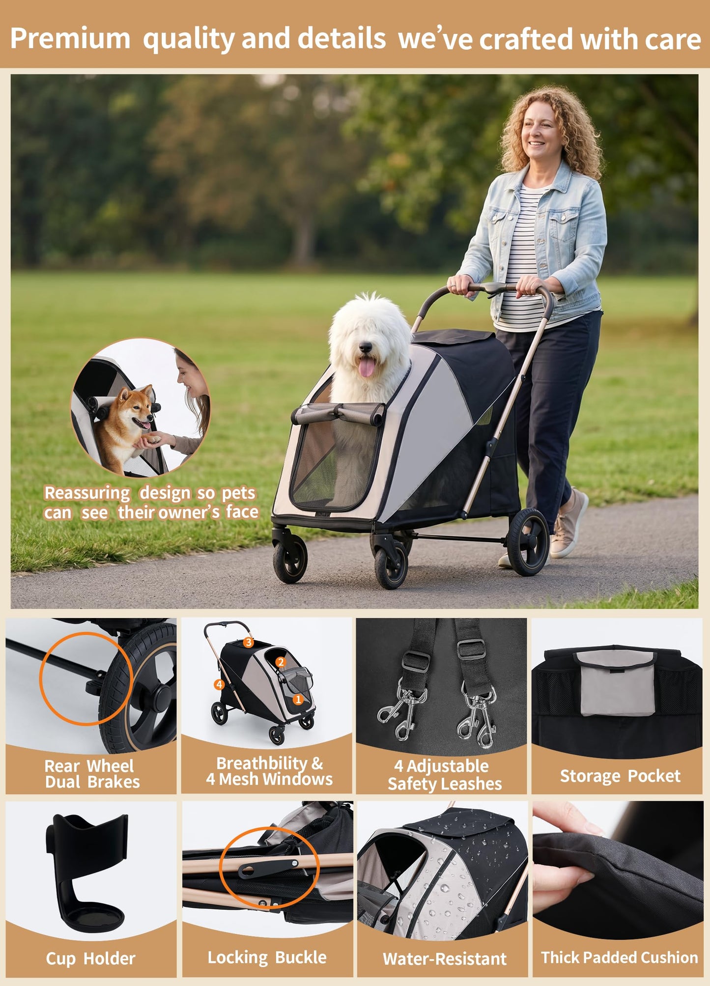 Dog Stroller for Large & Medium Dogs, One-Click Folding 4 Wheel Pet Stroller for Large Dogs up to 80lbs, Easy Fold Dual Entry with One-Foot Brake, Reflective Tape Design with Breathable mesh