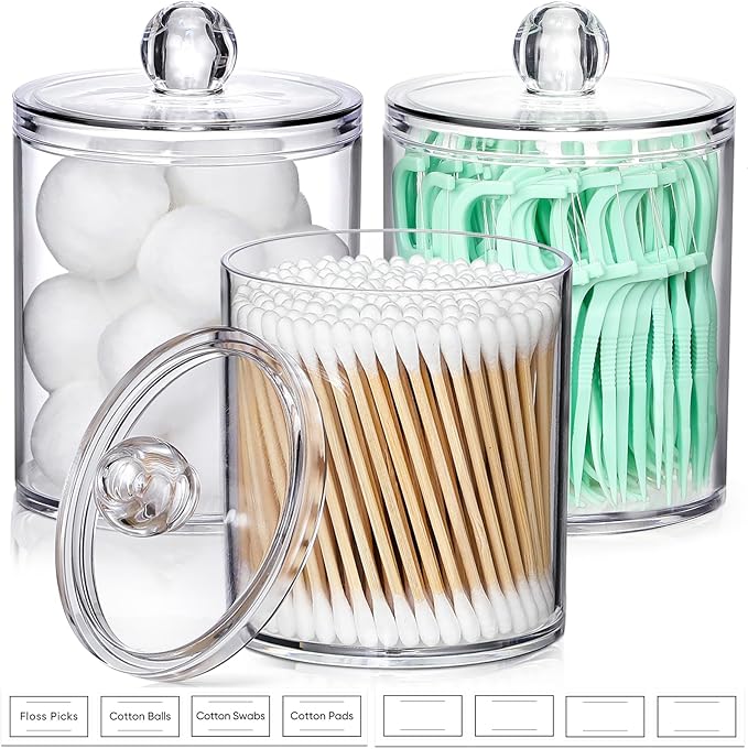 AOZITA 3 Pack Acrylic Qtip Holder Dispenser for Cotton Swab, Ball, Round Pads, Floss Picks - 10 oz Clear Plastic Apothecary Jar Set for Bathroom Canister Storage Organization, Vanity Makeup Organizer