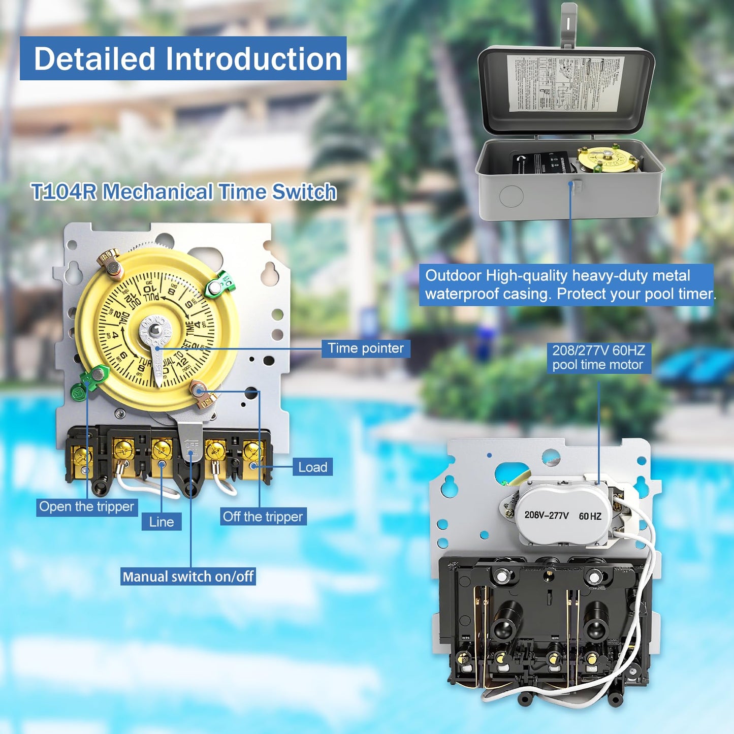 T104R Mechanical Timer Switch, 208–277 VAC 40 Amp,Pool Pump Switch, 24 Hour 12 ON/Off for Pump, Heavy Duty Pool Timers Outdoor, Timer for Pump Lights HVAC Systems, 5 Years Warranty