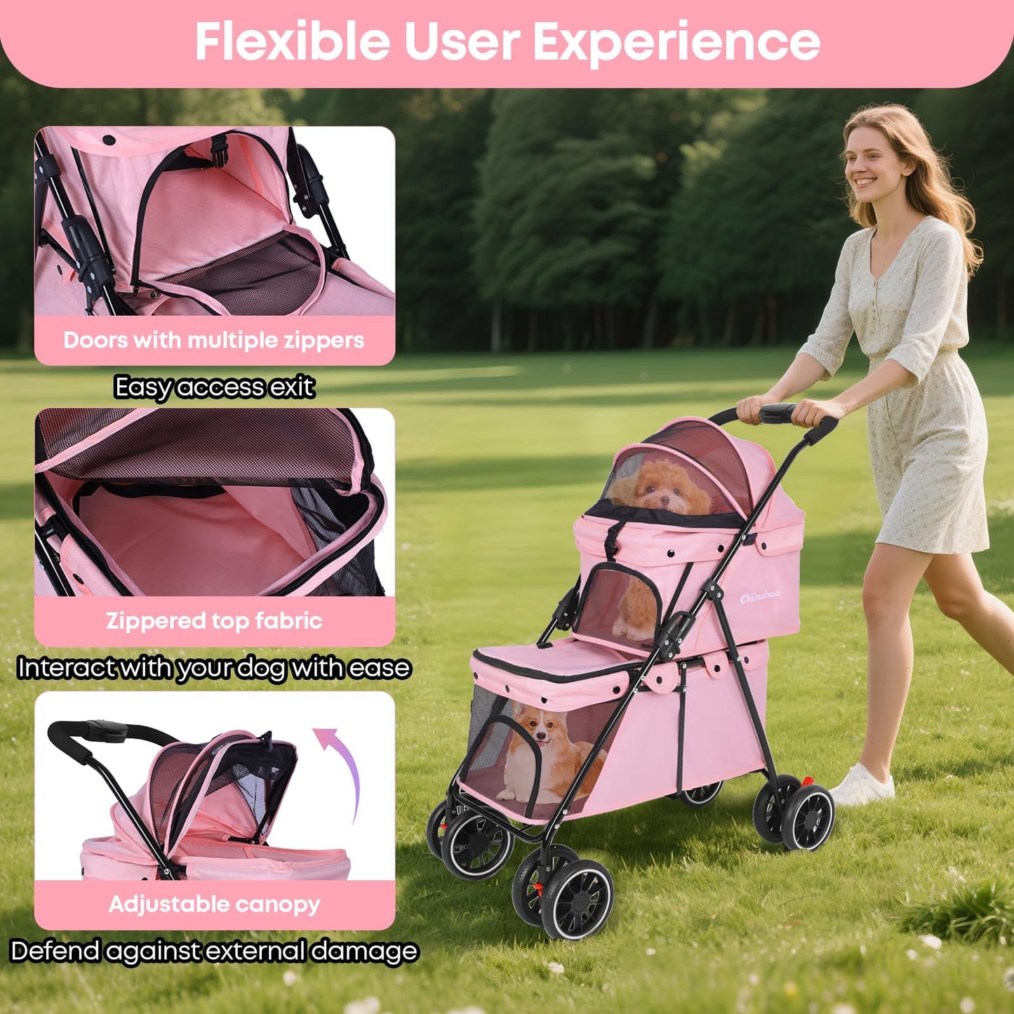 Double Pet Stroller for Dogs and Cats,Cat Strollers for 2 Cats,Double Dog Stroller for 2 Small Medium Dogs,4 Lockable Wheels/Lightweight/Folding,Pink