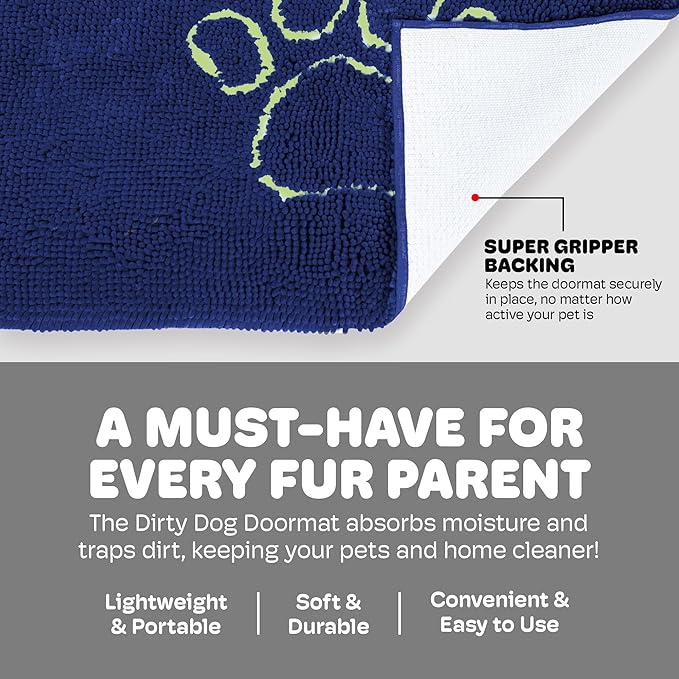Dog Gone Smart Dirty Dog Doormat - Fast Drying Rug with Super Gripper Backing for Clean Floors - Super Absorbent and Machine Washable Mat for Muddy Paws - Marine