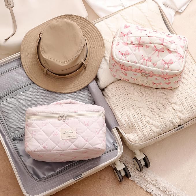 uekeboag Large Travel Quilted Makeup Bag for Women, Floral Cotton Cosmetic Bag, Coquette Aesthetic Floral Toiletry Organizer Bag