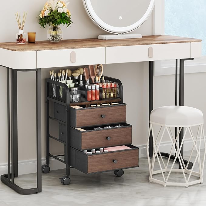 SWTYMIKI Rolling Makeup Organizer Cart - 14.96Ã¢ÂÂ³*11.81Ã¢ÂÂ³*23.03Ã¢ÂÂ³ Widened Under Desk Vanity Storage with 3 Non-woven Drawers, Cosmetic Display Cases for Skin Care Perfume Nail Polish Brush Hair Tool Black