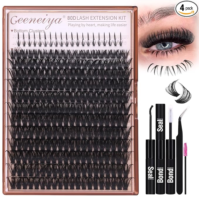 Geeneiya Cluster Eyelash Extensions Kit Bottom Lash Clusters 10-20mm DIY Lash Extension Kit Wispy Volume Individual Eyelashes with Waterproof Lash Bond and Seal Applicator for Beginners