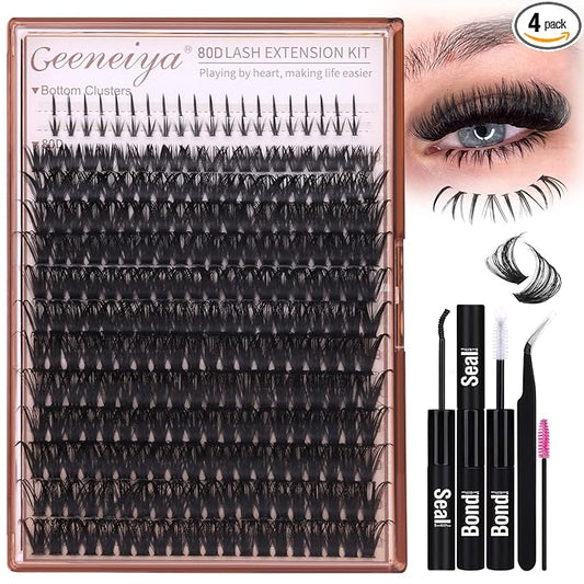 Geeneiya Cluster Eyelash Extensions Kit Bottom Lash Clusters 10-20mm DIY Lash Extension Kit Wispy Volume Individual Eyelashes with Waterproof Lash Bond and Seal Applicator for Beginners