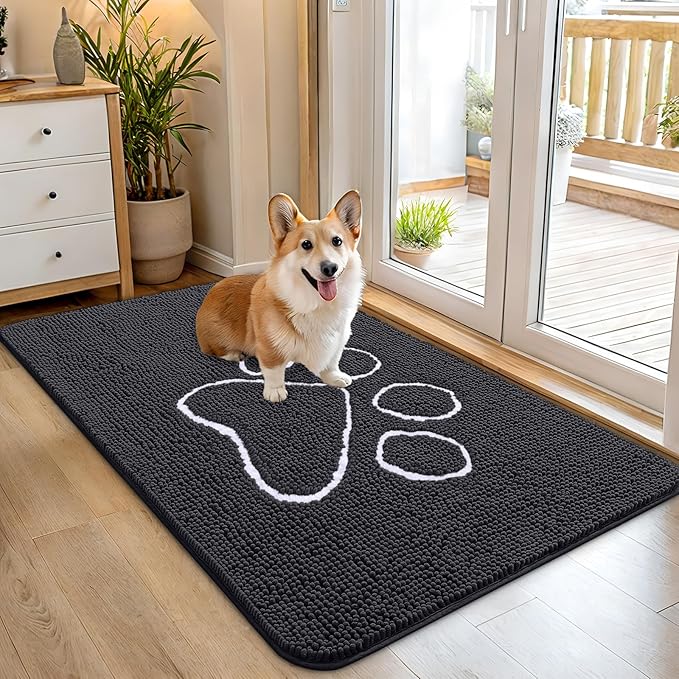 OLANLY Dog Door Mat for Muddy Paws 45x27, Paw Print Design, Absorbs Moisture and Dirt, Absorbent Non-Slip Washable Doormat, Quick Dry Chenille Mud Mat for Dogs, Entry Indoor Entryway Carpet, Dark Grey