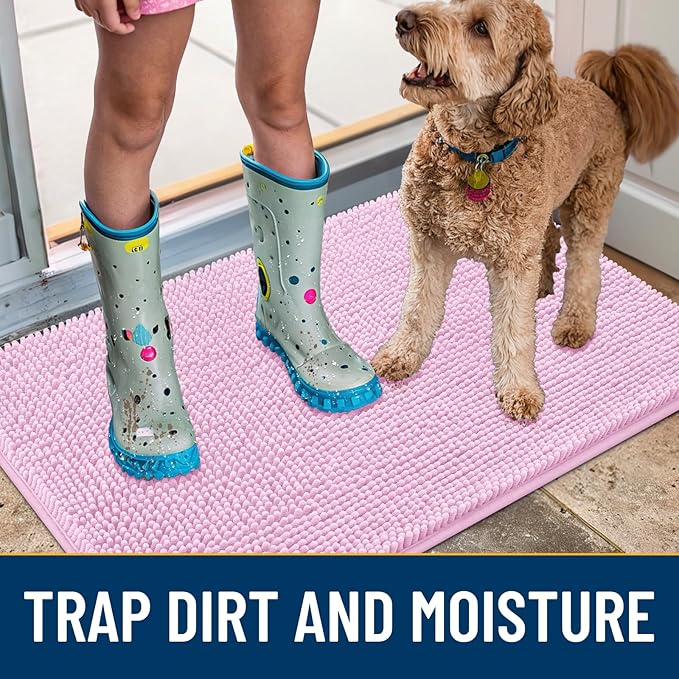 Smiry Dog Door Mat for Muddy Paws 47x24, Absorbs Moisture and Dirt Doormat, Non-Slip Washable Quick Dry Chenille Front Door Mat Indoor Entrance, Entryway Carpet for Inside Floor, Pink