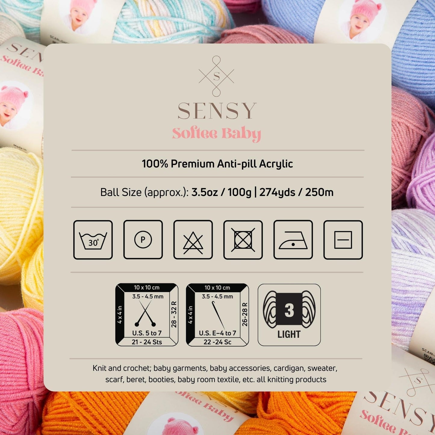 3 Skeins of Sensy Softee Baby Yarn, 3.5 oz, 275 Yards, Gauge 3 Light (Turquoise Yellow Batik)