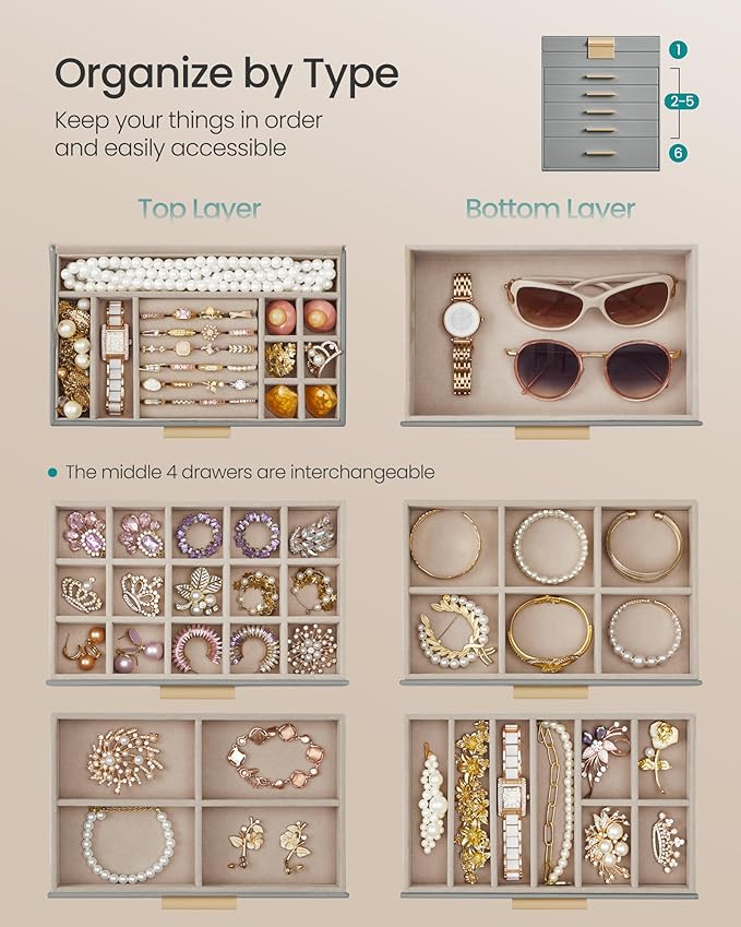 SONGMICS GISELLA Collection - Jewelry Box Organizer, 6-Layer Jewelry Storage with 5 Drawers, Shiny Metal Hardware, Glass Lid, Modern, 6.4 x 9.9 x 11.4 Inches, Dove Gray and Gold Color UJBC171G01