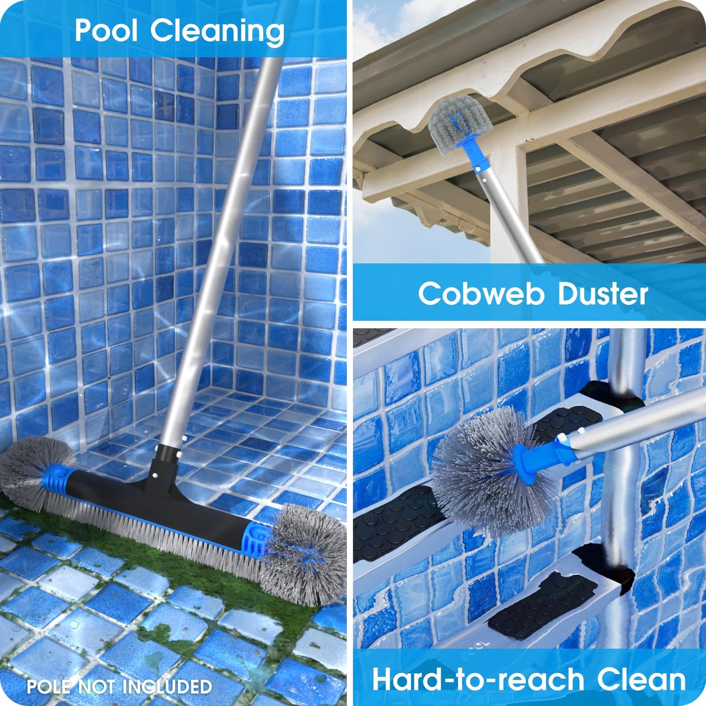 Upgraded Pool Brush Set - 20’’ 2-in-1 Heavy Duty Detachable Round Brush with Extra Side Brush for Cleaning Hard-to-Reach Corners, 9 FT Aluminum Extended Pool Pole with Hidden Hook Retriever
