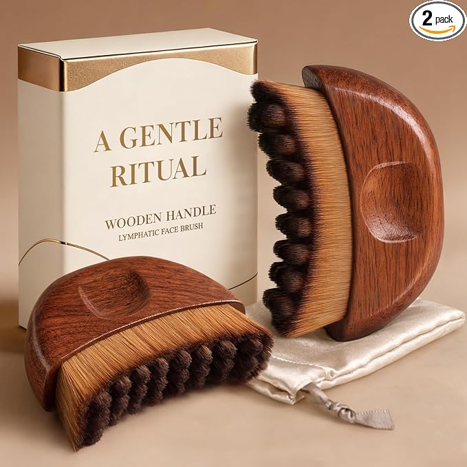 Lymphatic Contour Face Brush 2 Pack - Wooden Handle Facial Sculpting Guasha Dry Brushing Massage Tool - Contour Glow Brush Lymph Drainage Depuff Lift Brushes for Face Neck Chin