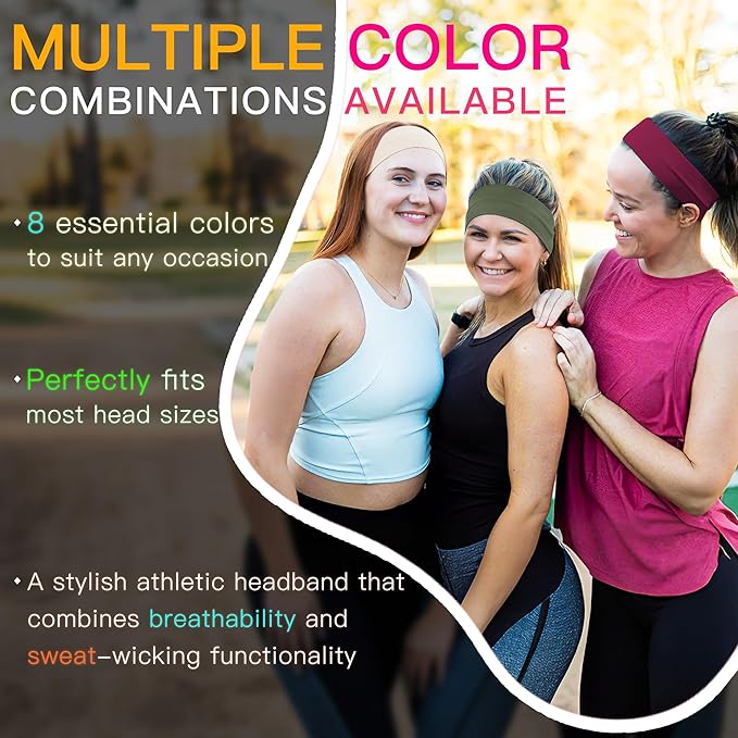 Ztomine 8 Pack Headbands for Women Non Slip - Stylish Sports Hair Bands for Women's Hair - Soft Cotton Cloth Stretchy Headbands for Women for Yoga, Outdoor Exercise Running