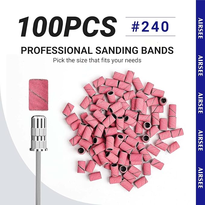 AIRSEE Sanding Bands for Electric Nail Drill 100 Piece Set 240 Grit Fine Acrylic File Attachments Professional 1 Sander Mandrel Bit Beauty Salon Accessories Manicure and Pedicure Finger Callus Pink