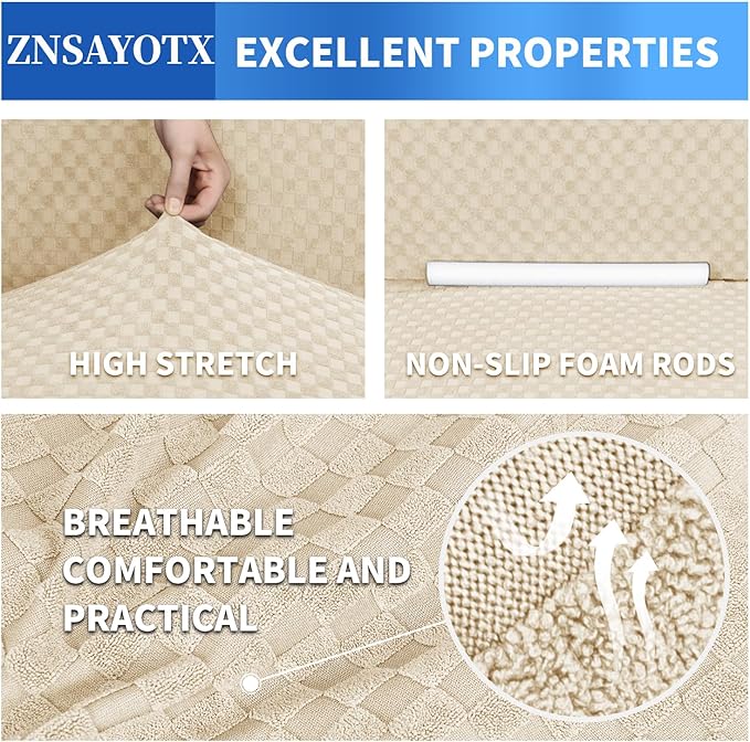 ZNSAYOTX 1 Piece Jacquard Couch Covers for 3 Cushion Couch High Stretch Sofa Cover for Pets Dogs Anti Slip Extra Large Sofa Slipcovers Furniture Protector (XL Sofa, Light Beige)