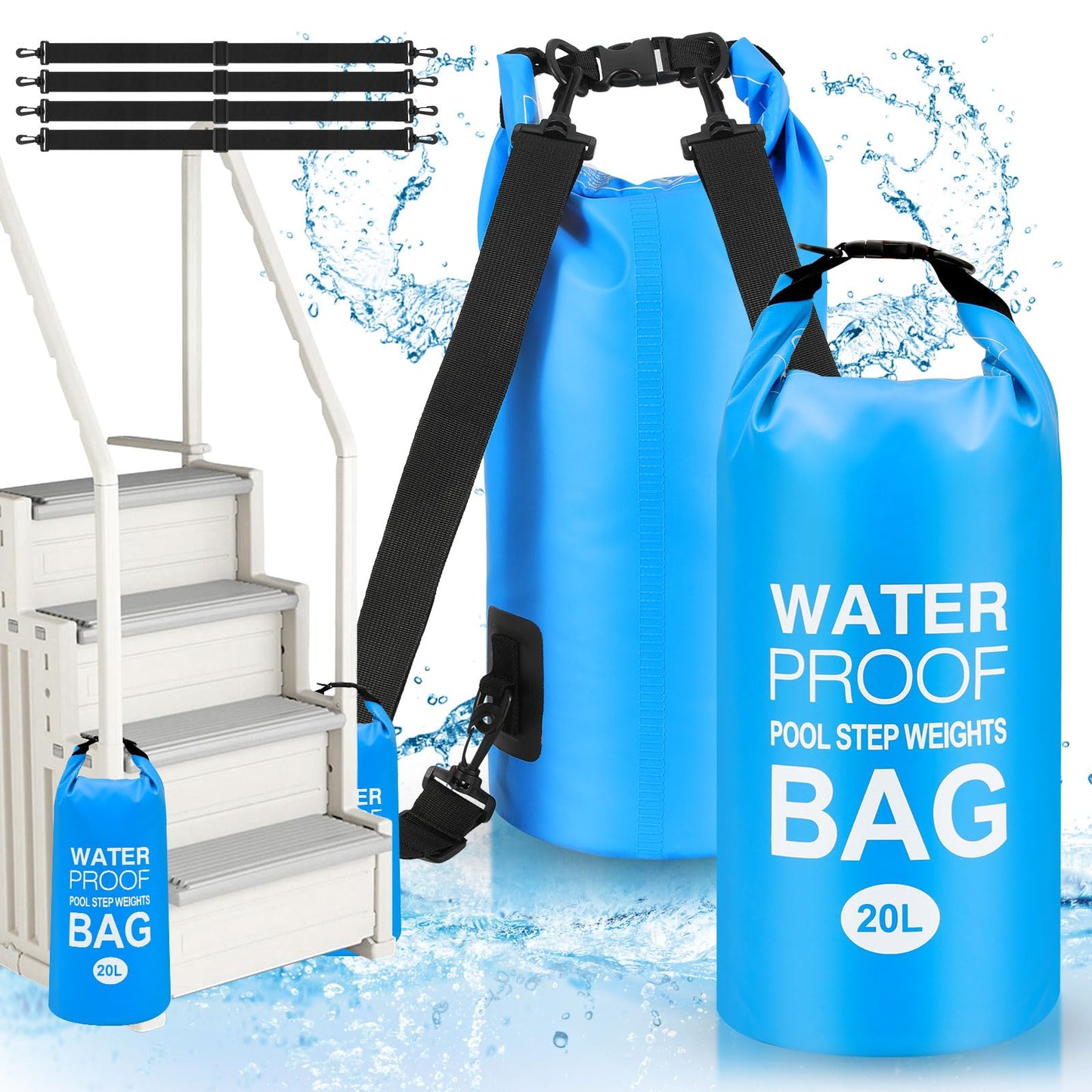Goovilla Pool Ladder Weights Universal | 2 Pack 20L 500D PVC Waterproof Tear-Resistance Sand Bags for Above Ground Pools Steps | Easy to Fill and Seal with Strong Handle and 4 Straps (Sky Blue)