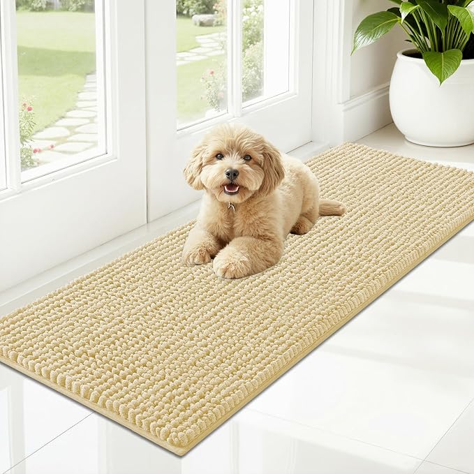 OLANLY Dog Door Mat for Muddy Paws 47x17, Ultra Absorbent Chenille Mud Doormat, Non-Slip Washable and Dirt Trapping Doormat for Indoor Entryway, Quick-Dry Indoor Pet Bed Mats for Dogs, Sand