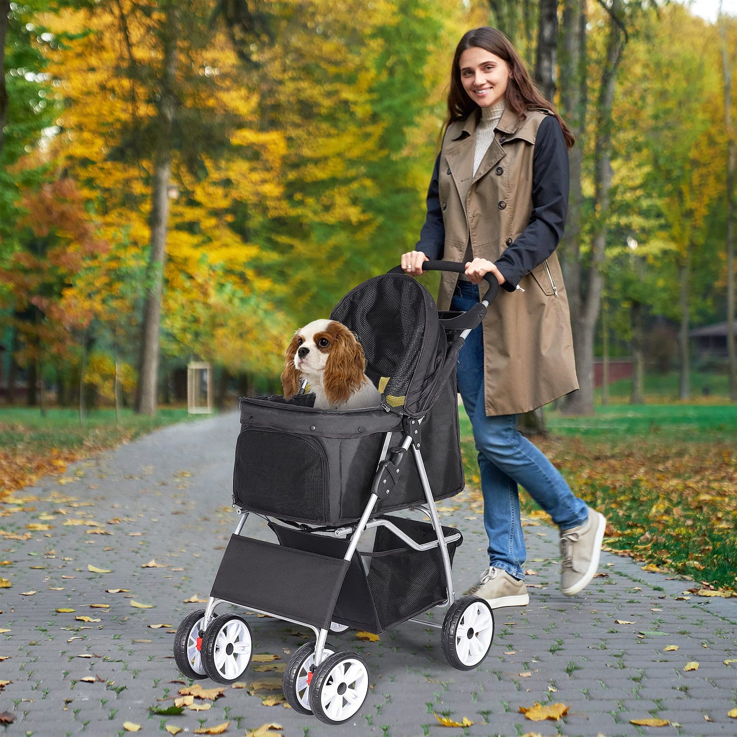 BBBuy 4 Wheels Foldable Pet Dog Cat Jogger Stroller Travel Carrier Strolling Cart w/Waterproof Cover Storage Basket Cup Holder & Removable Liner for Medium Small Cat Dog, Black