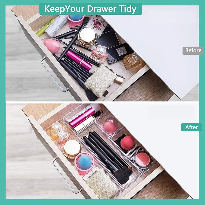 DCA 6 Pack Clear Drawer Organizer, Acrylic Drawer Storage Trays, Storage Bins for Makeup, Cosmetics, Jewelries, Utensils, Gadgets, Office