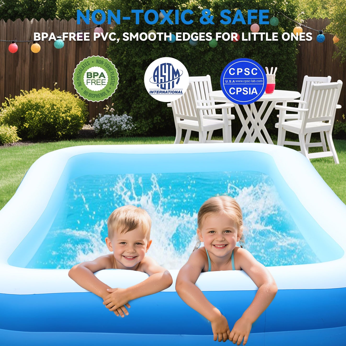 Large Inflatable Pool for Kids and Adults, Oversized Thickened Blow Up Pool for Kid and Adult, Durable Swimming Pool for Backyard, Outdoor, Garden, Summer Water Party (120“x70“x22)