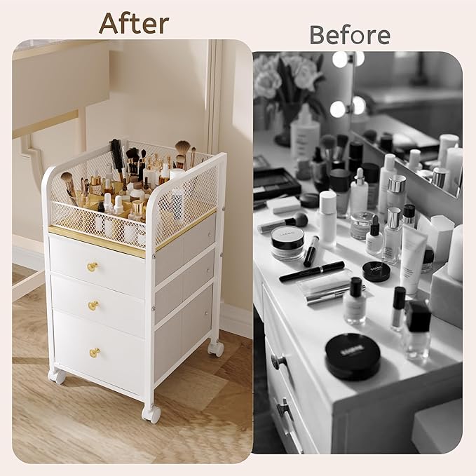 Makeup Organizer Storage Cart with Drawers, Makeup Organizer on Wheels, Rolling Makeup Bathroom Storage Cart, Cosmetic Vanity Display Cases Holder for Nail Polish Brush Hair Tool